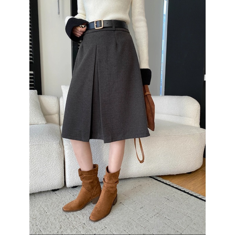 丽光都市通勤风 设计感气质压褶高腰A字显瘦毛呢半身裙 SN8426