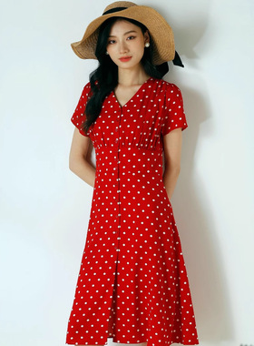 丽光裙子女夏连衣裙法式复古裙雪纺波点仙女红色连衣裙女夏8880