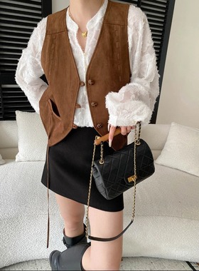 丽光早春新款 民族风仿麂皮绒V领飘带显瘦叠穿短款马甲 SN8541