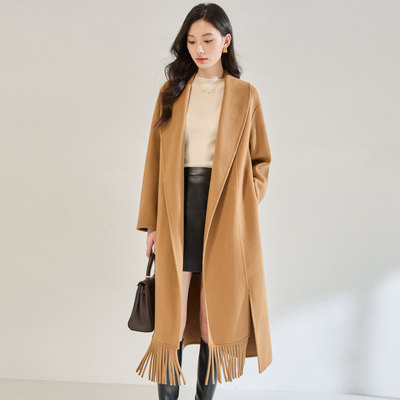 25冬季翻领流苏羊毛双面呢大衣浴袍款气质显瘦毛呢外套25610黑色