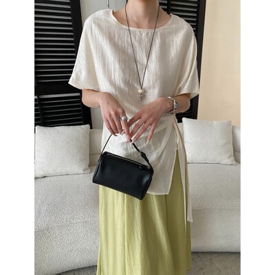 26 送挂件 不规则绑带收腰设计感圆领醋酸混纺短袖衬衫 SN8846