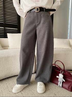 丽光 早春新款 设计感一字袋垂感高腰显瘦弯刀阔腿休闲裤 SN8565