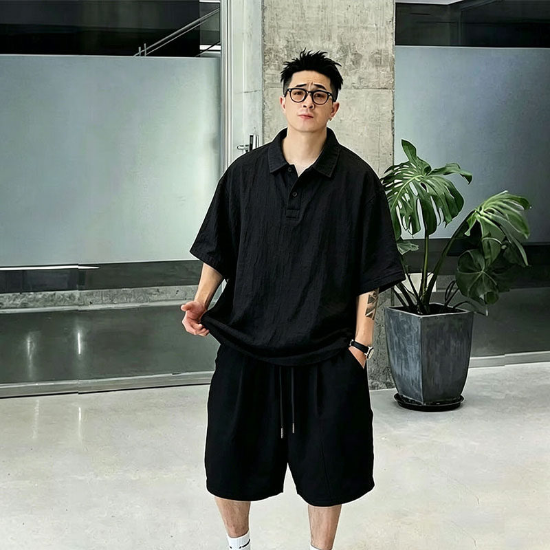 特大码300斤老钱风高级感短袖polo衫T恤男夏季松弛感短裤两件套装