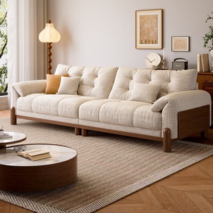 复古雪尼尔云朵沙发简约客厅中古风小户型直排实木布艺沙发可拆洗