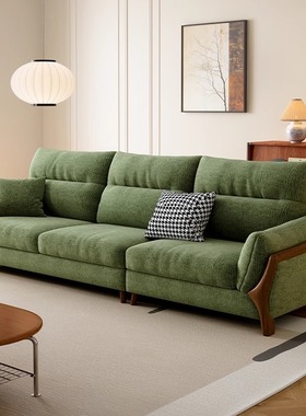 法式复古实木沙发2025新款小户型中古风客厅直排绿色布艺沙发