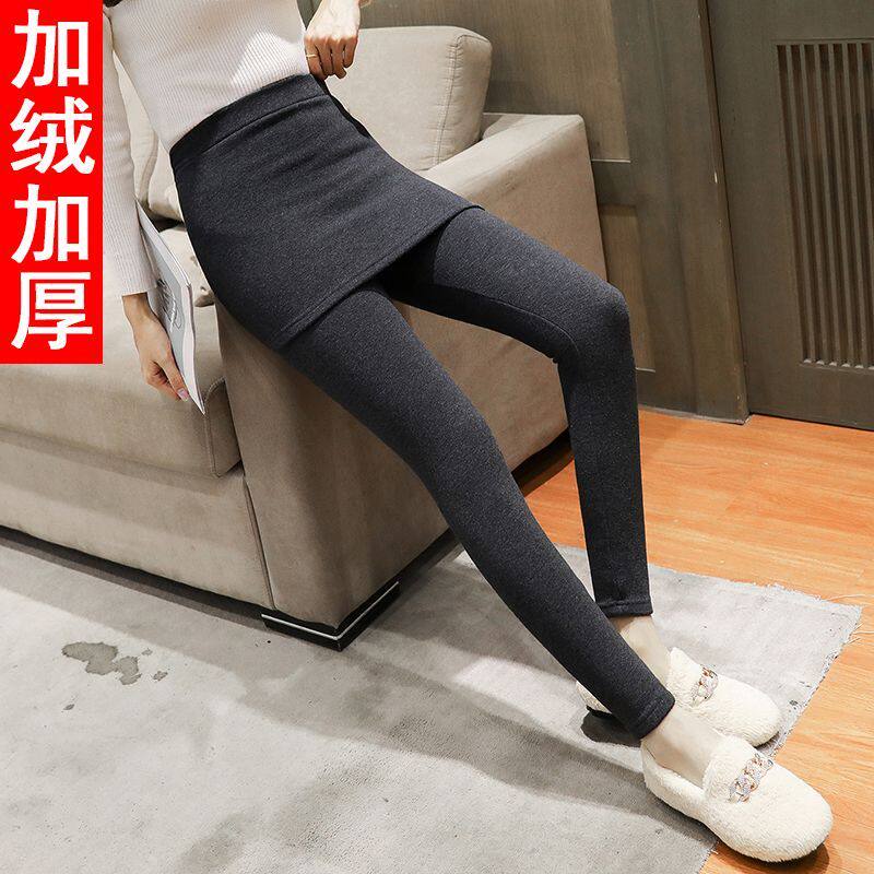 黑色大码假两件打底裤女秋冬季外穿包臀裙裤一体加绒保暖小脚裤