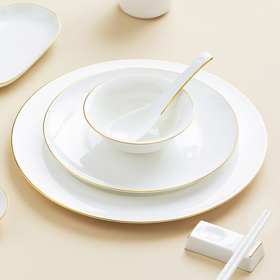 简约盘子纯白金边骨瓷摆台餐具