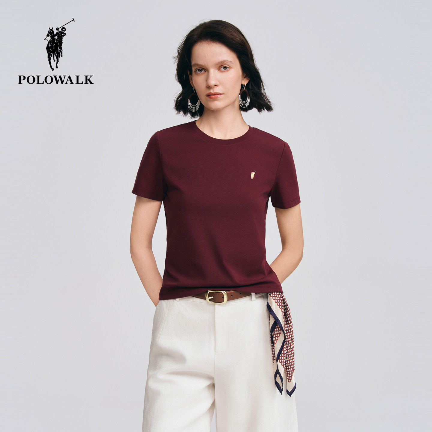 POLOWALK女式短袖2026春季新品简约纯色圆领短袖休闲通勤百搭T恤
