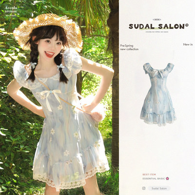 法式气质甜美蓝色碎花泡