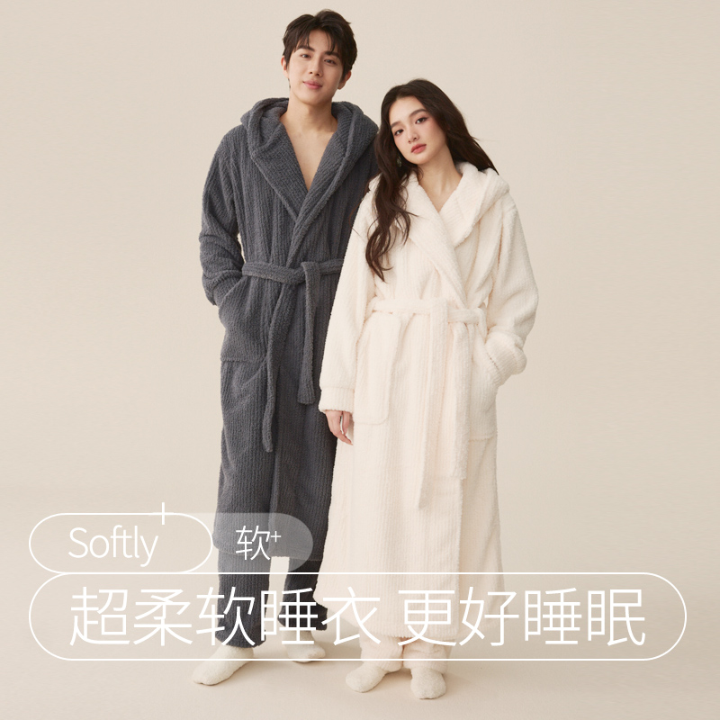 加长款连帽珊瑚绒男士情侣睡袍