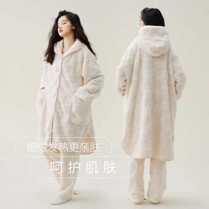 暖绒秋冬季睡袍女士珊瑚绒睡衣加厚长款浴袍冬天新款可外穿家居服