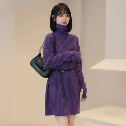 韩版高领中长款毛衣裙女冬厚宽松显瘦腰带收腰针织打底衫配大衣
