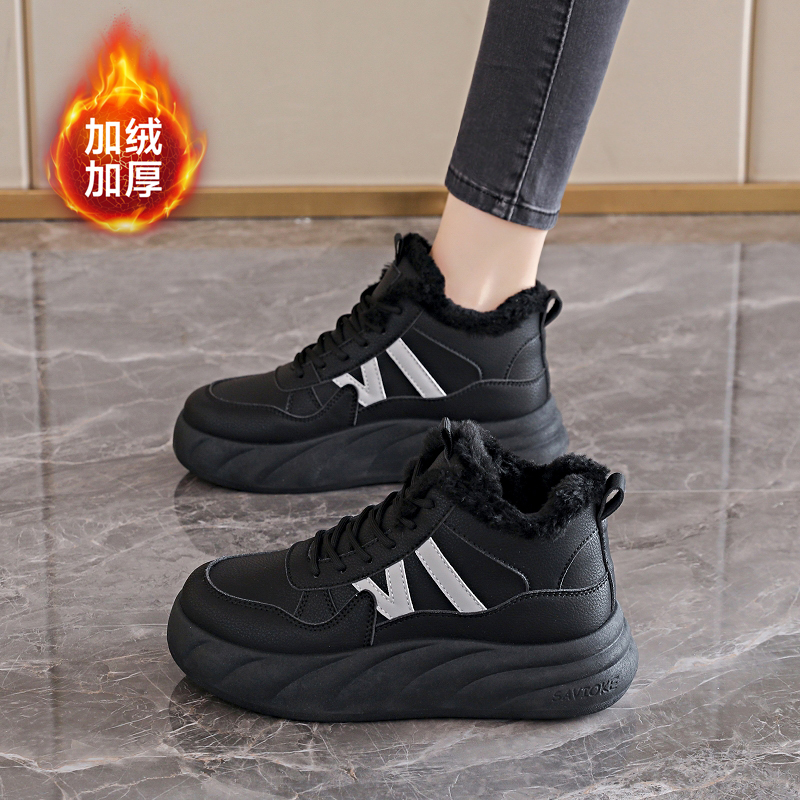 黑色皮面雪地靴女款加绒运动棉鞋