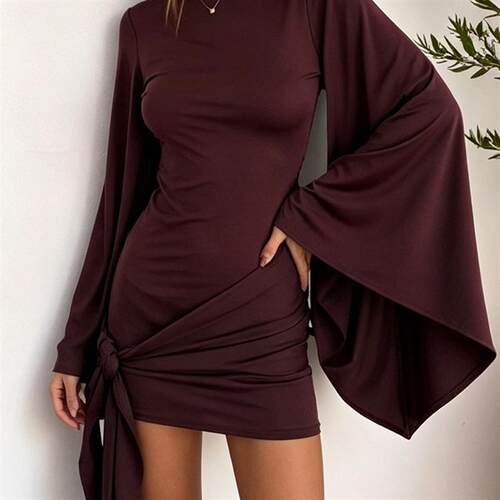 Fashion Dress欧美女士连衣裙夏季时尚露背喇叭袖绑带性感短裙