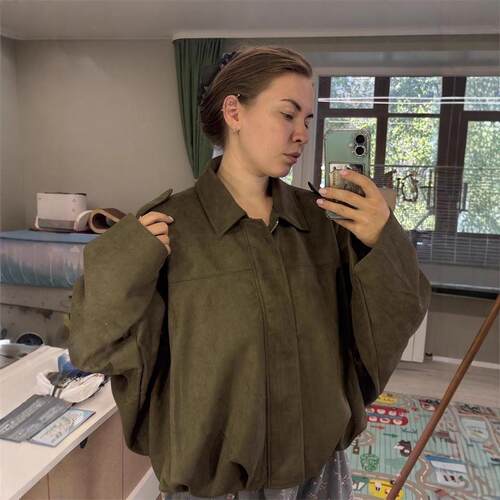 欧美时尚麂皮绒飞行员夹克外套上衣女 Suede Jacket Coat Women