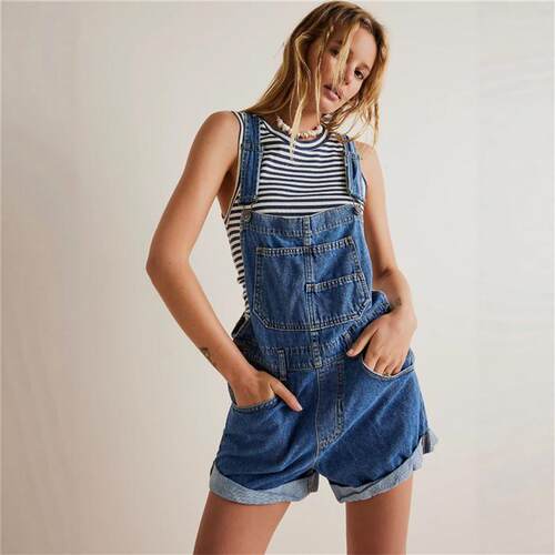 欧美时尚宽松工装背带牛仔裤短裤女 Denim Jumpsuit Shorts Jeans