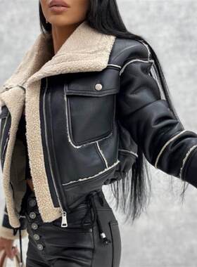 Winter warm coat women 2025翻领百搭加厚羊羔毛拼接保暖外套女