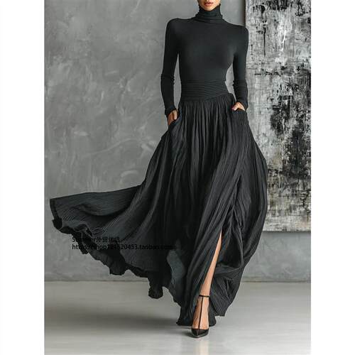 法式复古修身高领上衣长裙套装High neck top and long skirt set