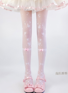 lolita少女蝴蝶结连裤袜洛丽塔芭蕾风白色丝袜jk薄款萝莉打底袜子