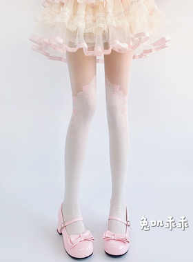 lolita丝缎芭蕾风白色丝袜连裤袜子女薄款可爱甜美蕾丝拼接打底袜