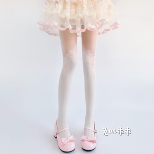 lolita丝缎芭蕾风白色丝袜连裤袜子女薄款可爱甜美蕾丝拼接打底袜