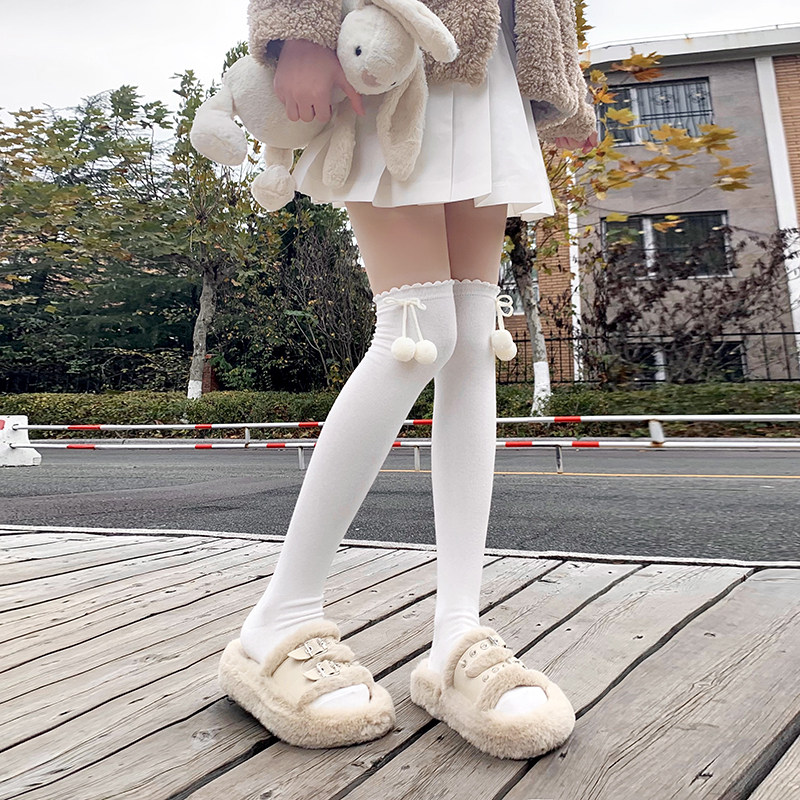 可爱毛球过膝袜jk长筒袜子女奶白高筒大腿袜lolita蝴蝶结堆堆袜子,女士内衣/男士内衣/家居服,长筒袜,淘宝优惠券,粉丝福利购,淘宝优惠卷