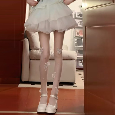 春夏白色丝袜纯欲珍珠袜子女甜美蝴蝶结洛丽塔连裤袜薄款jk美肤袜