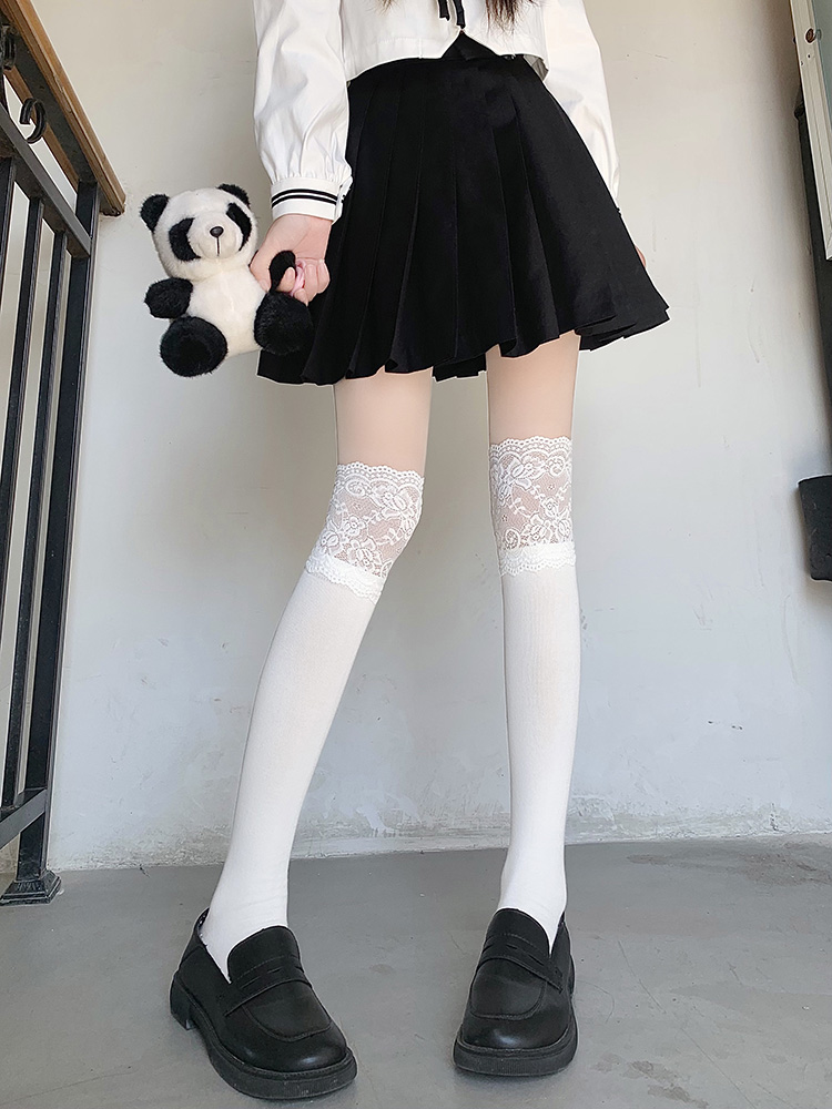 白色纯棉蕾丝小腿袜配长靴过膝袜