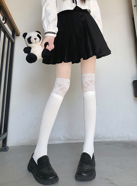 白色蕾丝花边小腿袜女洛丽塔中长筒过膝袜配高筒靴甜美大腿堆堆袜