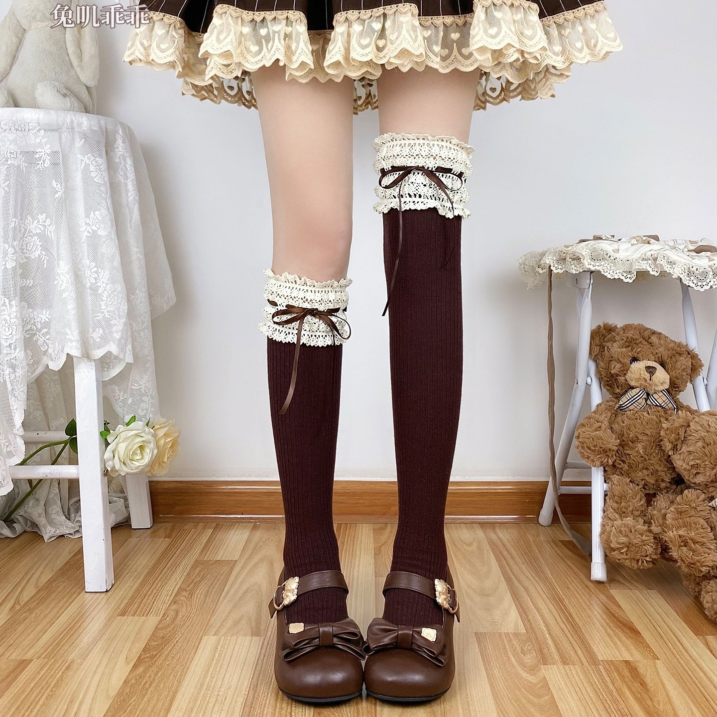 棕色蕾丝花边过膝袜子女lolita甜美蝴蝶结小腿袜jk奶白中筒堆堆袜,女士内衣/男士内衣/家居服,长筒袜,淘宝优惠券,粉丝福利购,淘宝优惠卷