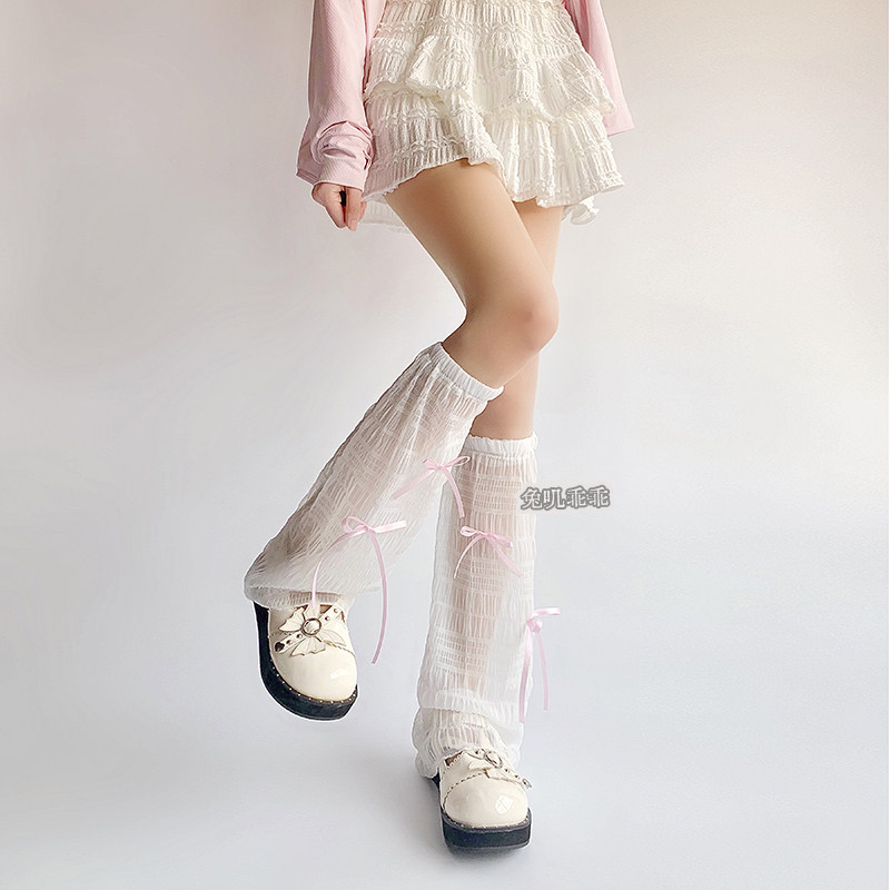 甜美芭蕾风蝴蝶结小腿袜套白色薄款夏季中筒蕾丝袜子女喇叭堆堆袜