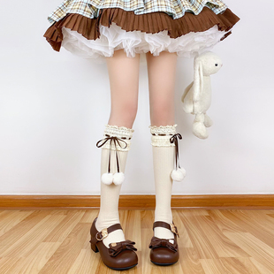 焦糖可可日系秋冬可爱球球小腿袜lolita蕾丝蝴蝶结中筒堆堆袜子女