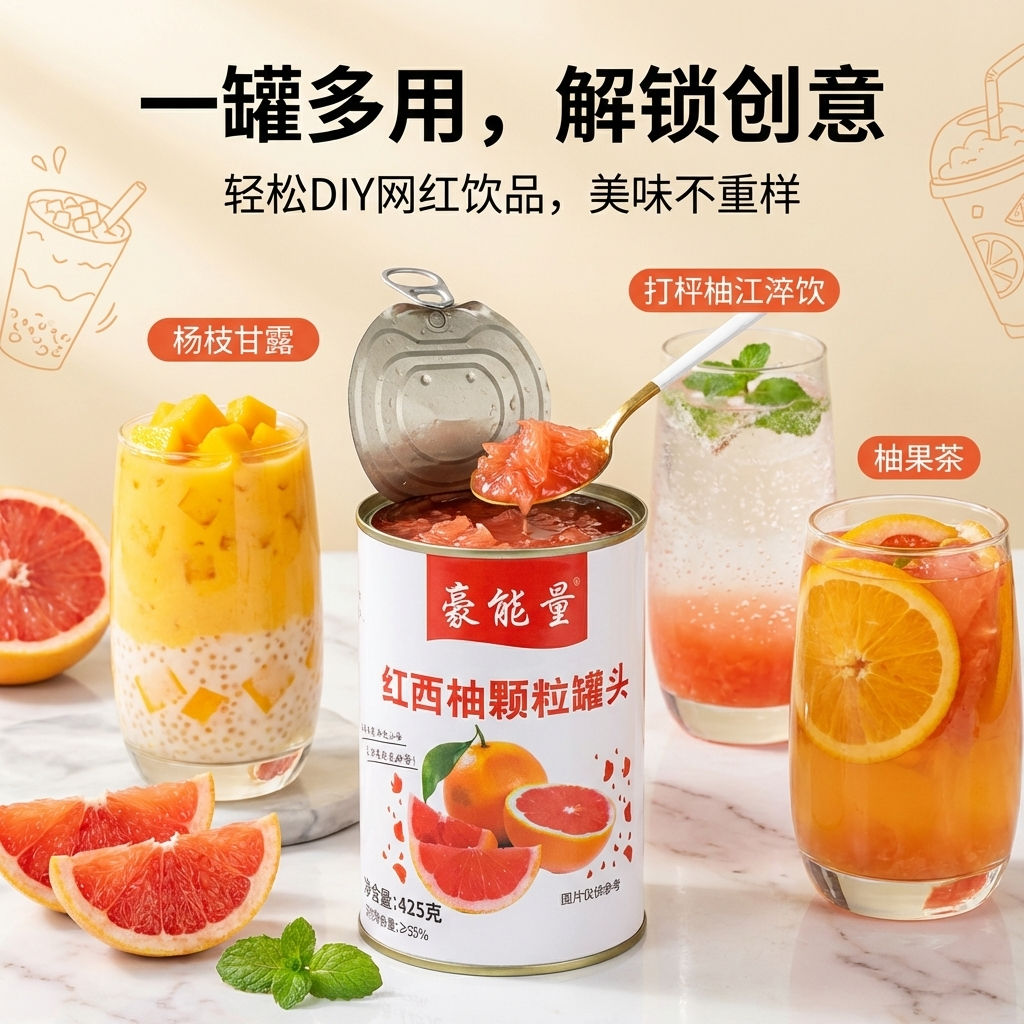 豪能量红西柚颗粒罐头425g西柚果肉果粒杨枝甘露满杯奶茶专用包邮