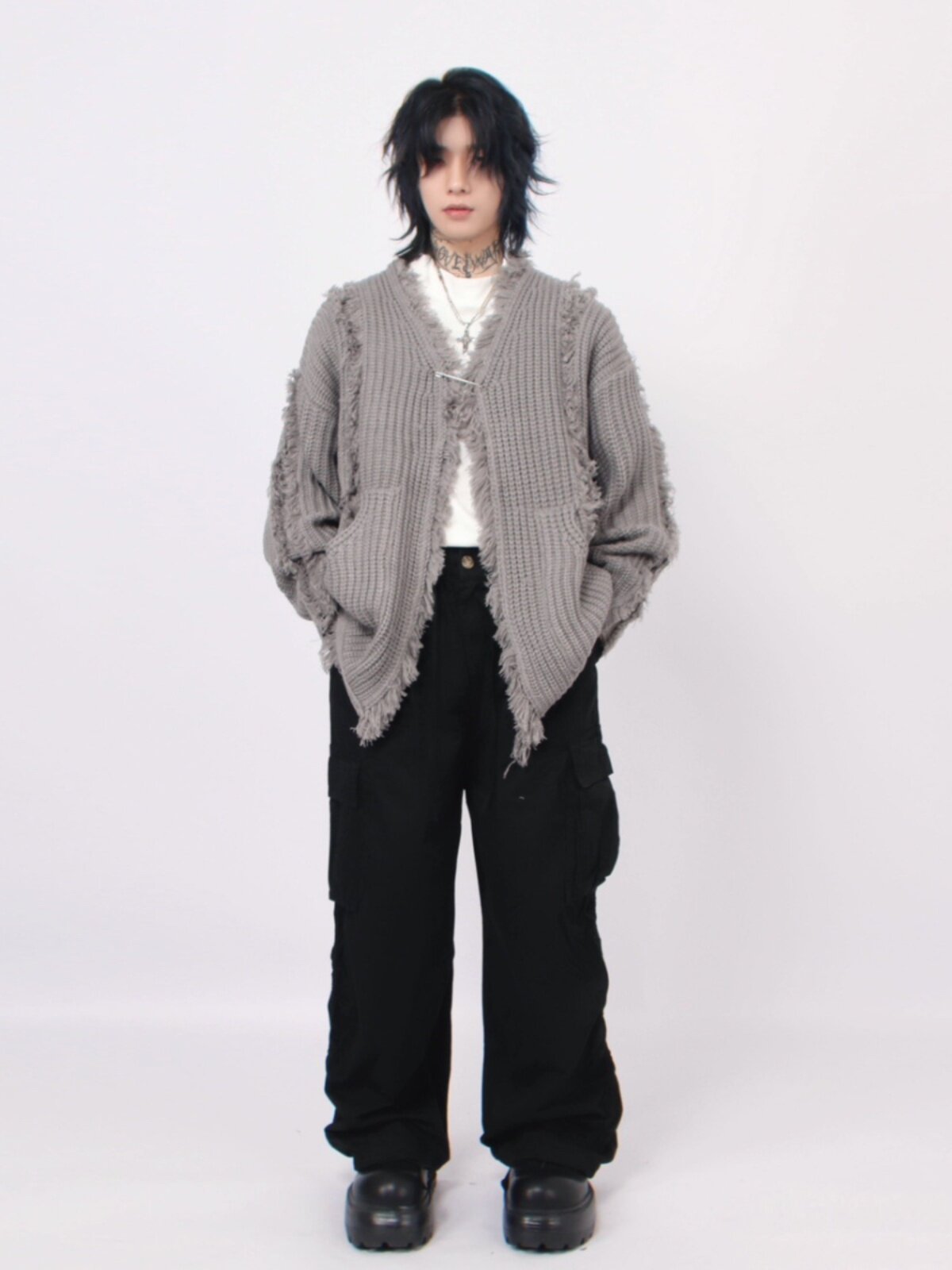 MZ NATIONAL FASHION RETRO DESIGN SENSE IRREGULAR TASSEL SWEATER CARDIGAN JACKET MENS AMERICAN STREET LAZY KNITWEAR