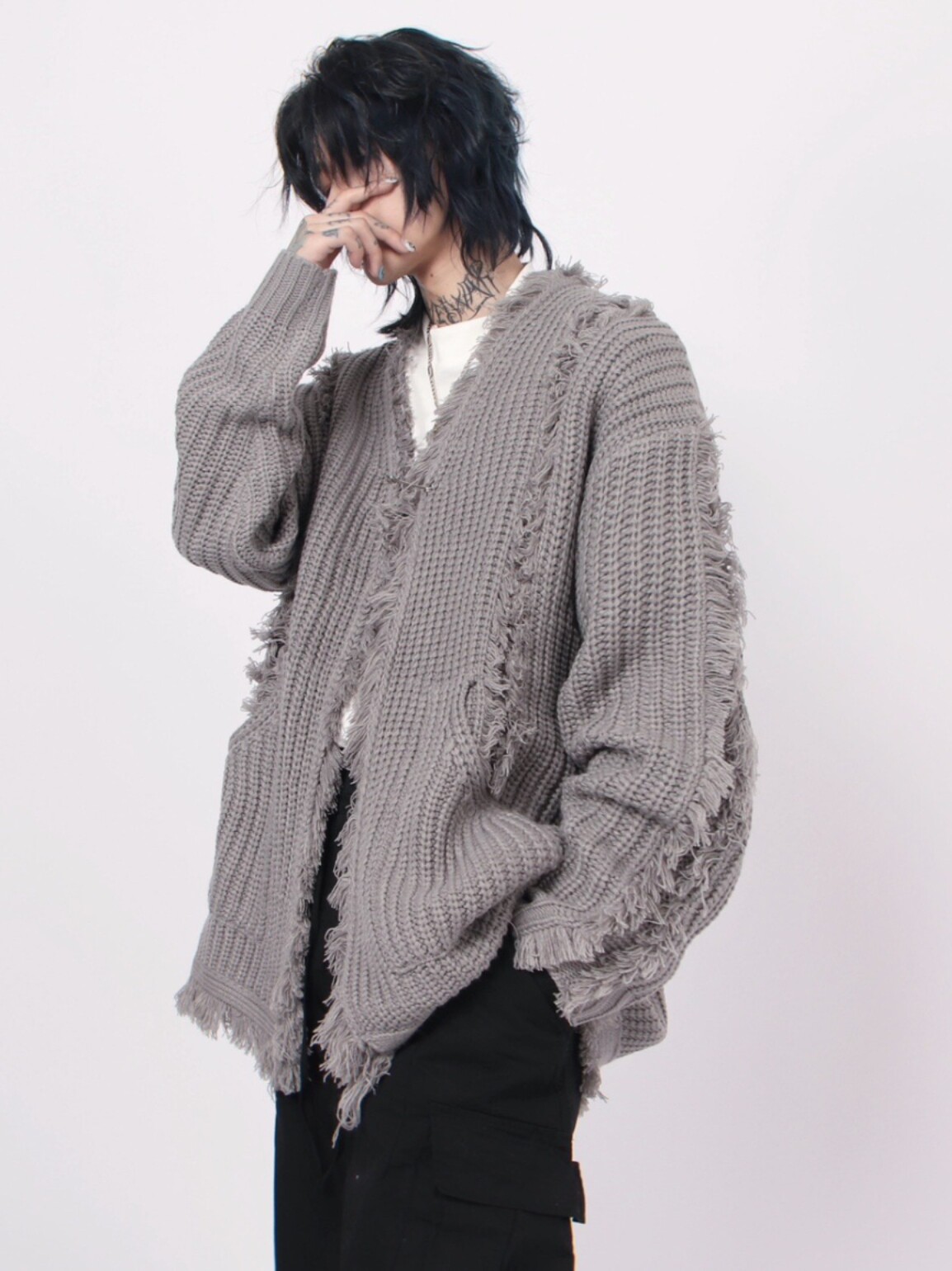 MZ NATIONAL FASHION RETRO DESIGN SENSE IRREGULAR TASSEL SWEATER CARDIGAN JACKET MENS AMERICAN STREET LAZY KNITWEAR