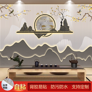 自粘墙贴新中式禅意山水背景墙壁画客厅装饰画酒店养生馆茶室壁纸