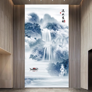 自粘墙贴画玄关新中式水墨山水画客厅壁画入户装饰画屏风过道贴纸