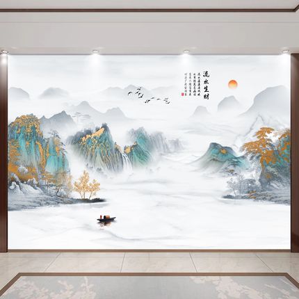 自粘壁画新中式水墨山水画客厅电视背景墙纸沙发装饰画卧室墙贴画