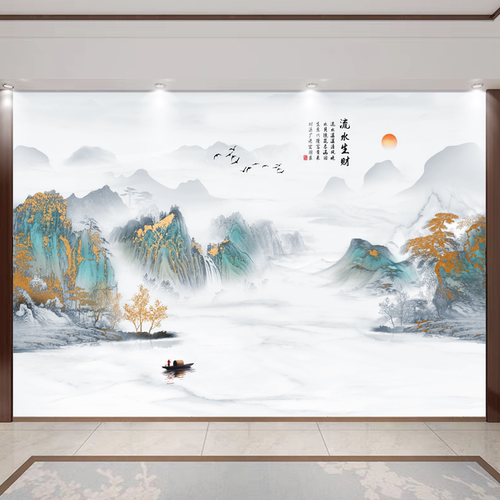 客厅自粘墙贴水墨山水画背景墙