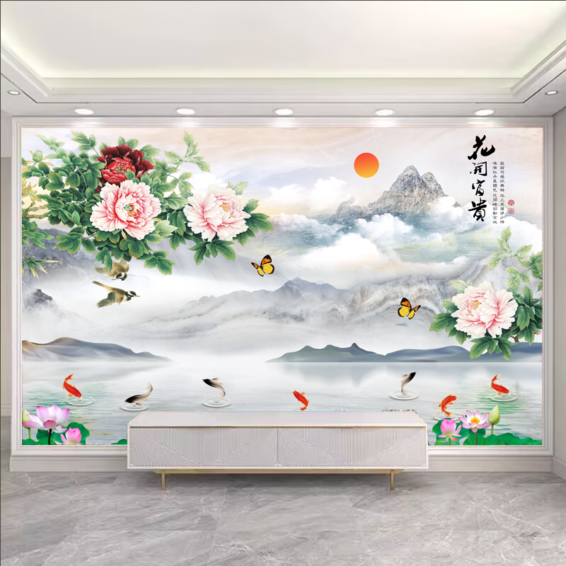 自粘贴画新中式牡丹国画客厅沙发背景墙壁画花开富贵装饰画床头画图片
