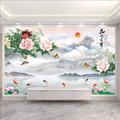 自粘贴画新中式 饰画床头画 牡丹国画客厅沙发背景墙壁画花开富贵装