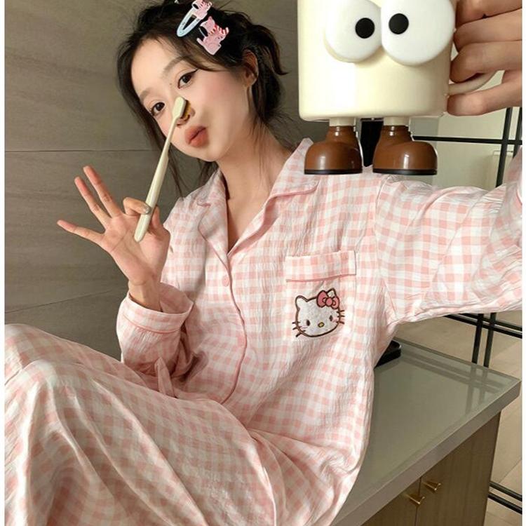 2025新款长袖云朵棉睡衣女款春秋季甜美卡通格子可外穿家居服套装