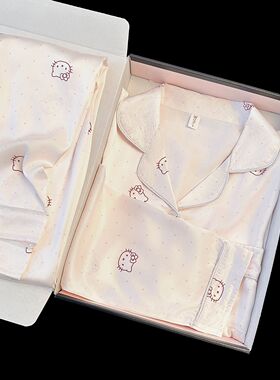 冰丝甜美helloKitty印花睡衣女春夏长袖长裤翻领家居服套装冰雪丝