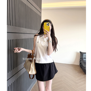 新款 美式 T恤女25夏季 甜辣 显瘦polo领背心 白色小众坎肩纯棉无袖
