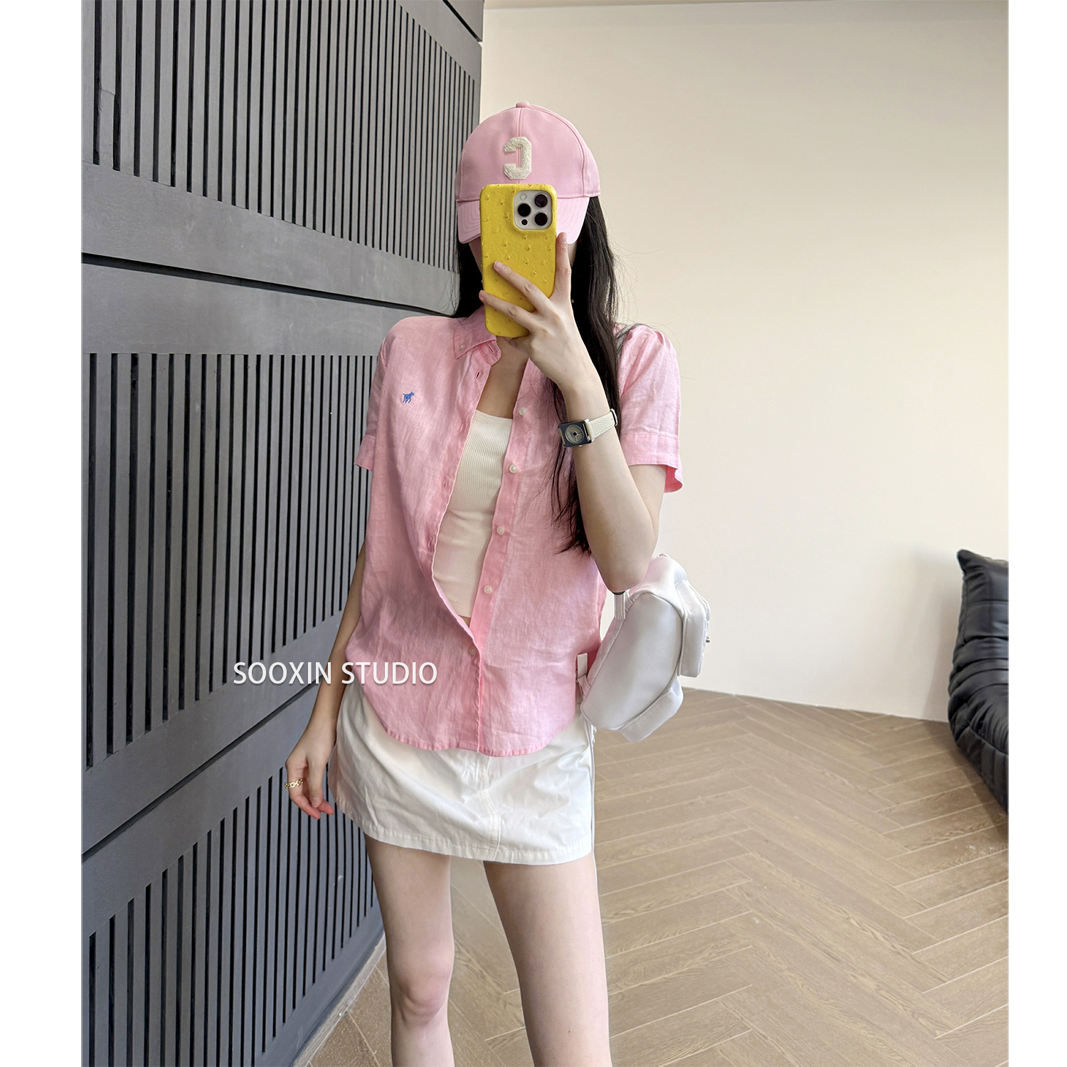 美式亚麻刺绣翻领短袖衬衫女春夏
