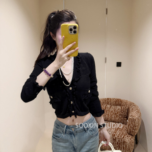 短款 财阀千金 女25早秋新款 法式 外套 黑色小香风羊毛V领针织开衫