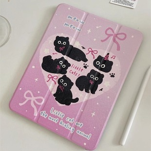 镜面黑色猫咪适用苹果ipad10代平板保护套ipadair2024三折mini6/air5/air2可爱女ipadpro2024时尚ipad9亚克力