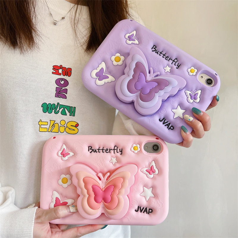 粉紫蝴蝶适用苹果ipad10代平板保护套ipadair5伸缩支架mini6/air2/air3可爱ipadpro女ipad8代10.2寸硅胶软套