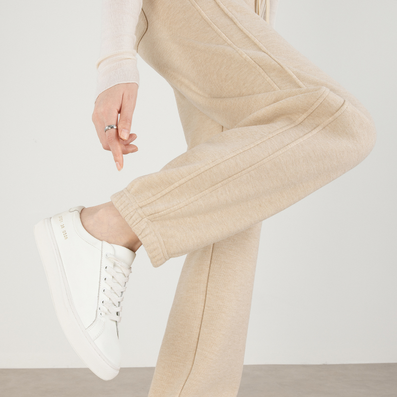 米色加绒裤子女2025新款秋冬高腰羊毛收口运动直筒卫裤宽松哈伦裤