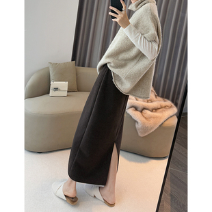 咖色半身裙女秋冬高腰显瘦a字醋酸绵羊毛包臀裙中长款 开叉一步裙